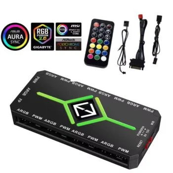 Magnetinis PWM ARGB (A-RGB) ventiliatorių valdiklis (šakotuvas) (+5V  3Pin) 9 port SATA maitinimas (FAN HUB CONTROLLER) JUODAS