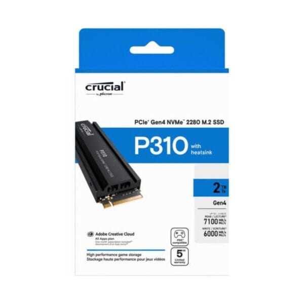 Crucial P310 2TB PCIe Gen4 NVMe 2280 M.2 SSD su radiatoriumi (heatsink) iki 7100MB/s - Image 1