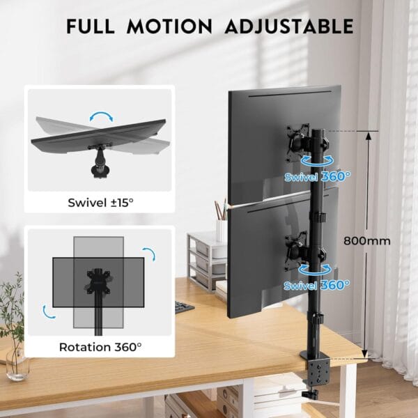 BONTEC Dvigubas Monitorių Laikiklis 13–34″ Reguliuojamas Aukštis, Pasukamas, Iki 10 kg Vienam Monitoriui, VESA 75×75 / 100×100 - Image 4